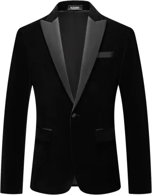Mens Velvet Blazer Slim Fit Suit Jacket for Men Peaked Lapel One Button Tuxedo Blazer Wedding Prom Dinner