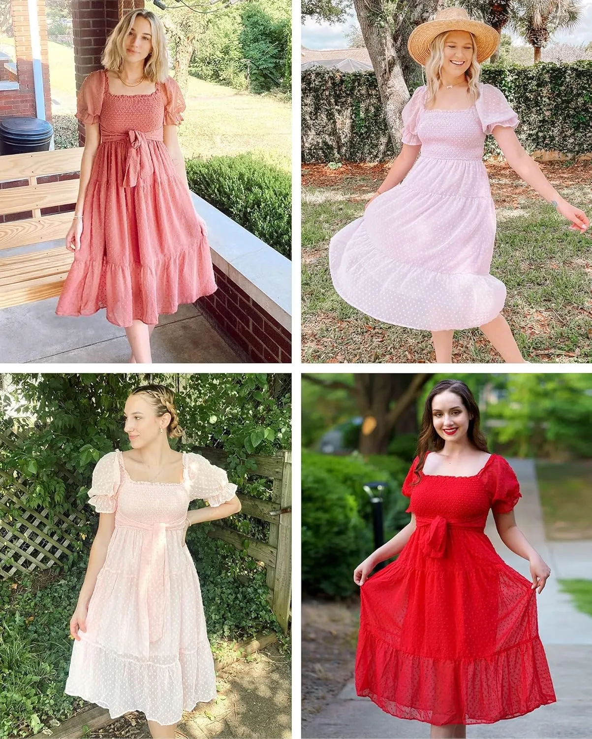 MEROKEETY Women's 2025 Summer Square Neck Puff Sleeve Boho Midi Dress Swiss Dot Ruffle Flowy Tie Back Dress