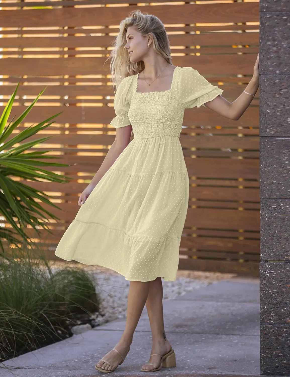MEROKEETY Women's 2025 Summer Square Neck Puff Sleeve Boho Midi Dress Swiss Dot Ruffle Flowy Tie Back Dress