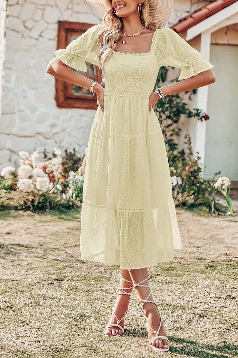 MEROKEETY Women's 2025 Summer Square Neck Puff Sleeve Boho Midi Dress Swiss Dot Ruffle Flowy Tie Back Dress