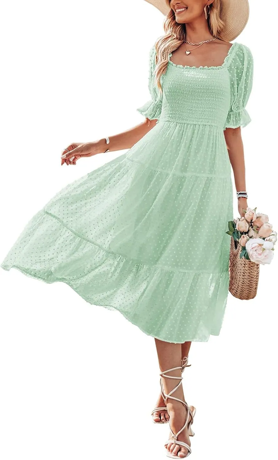 MEROKEETY Women's 2025 Summer Square Neck Puff Sleeve Boho Midi Dress Swiss Dot Ruffle Flowy Tie Back Dress