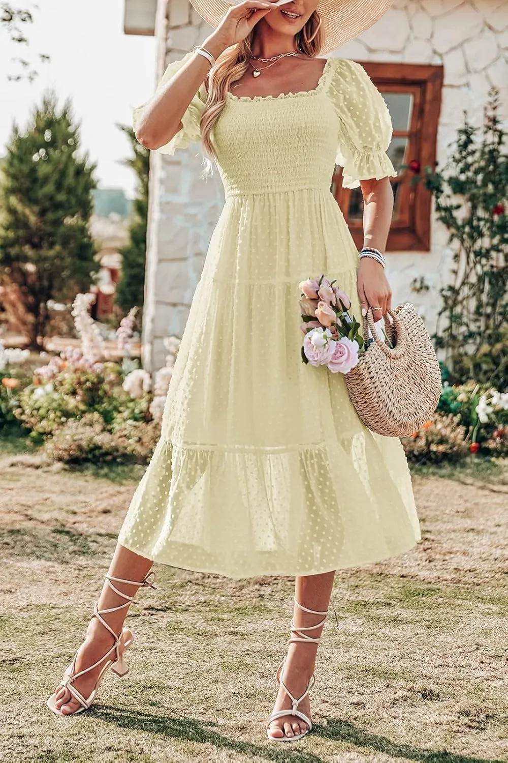 MEROKEETY Women's 2025 Summer Square Neck Puff Sleeve Boho Midi Dress Swiss Dot Ruffle Flowy Tie Back Dress