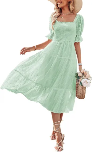 MEROKEETY Women's 2025 Summer Square Neck Puff Sleeve Boho Midi Dress Swiss Dot Ruffle Flowy Tie Back Dress