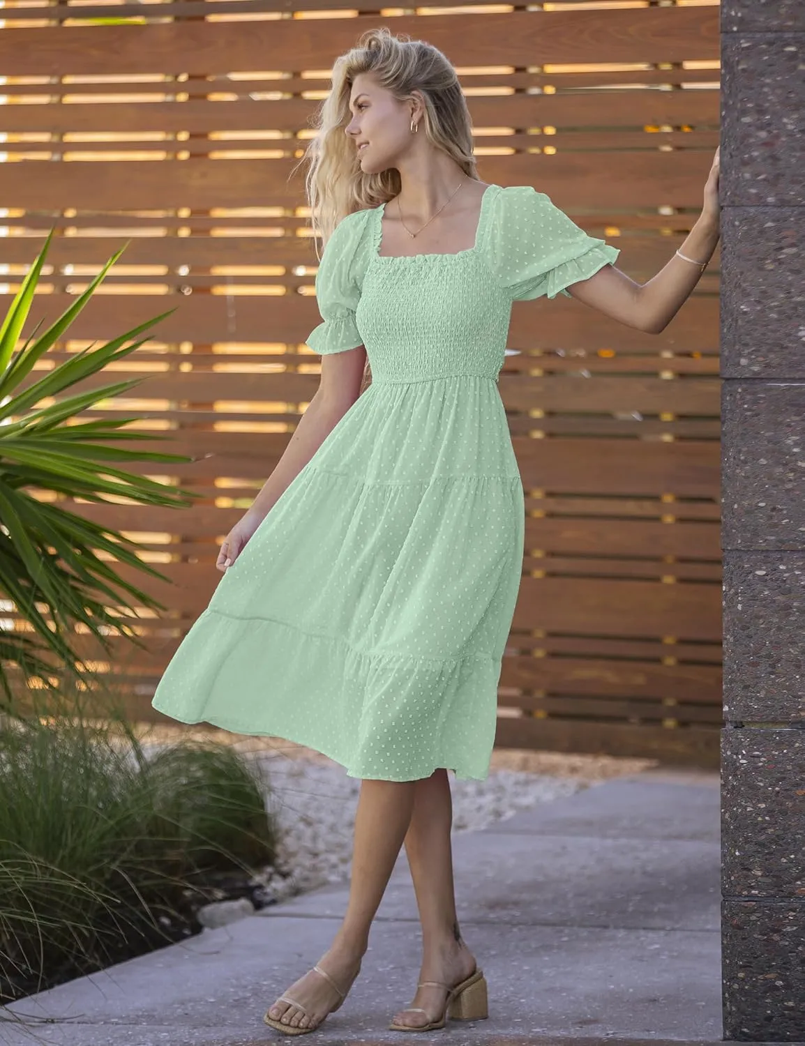 MEROKEETY Women's 2025 Summer Square Neck Puff Sleeve Boho Midi Dress Swiss Dot Ruffle Flowy Tie Back Dress