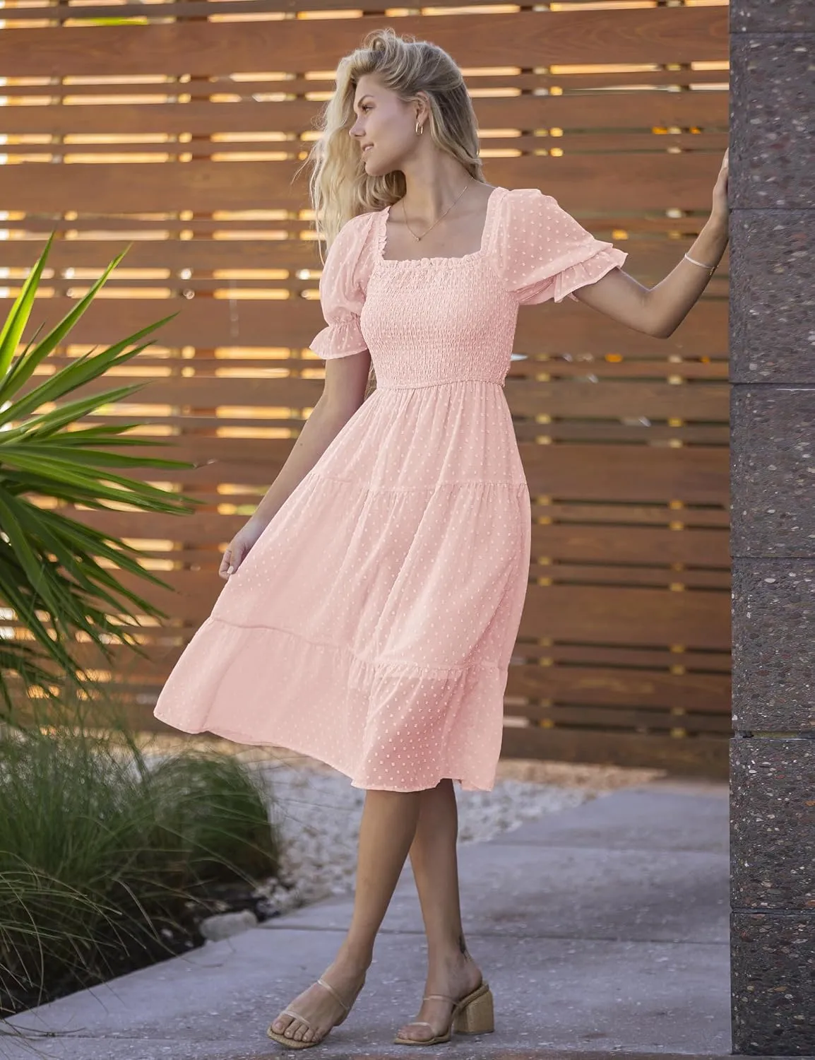 MEROKEETY Women's 2025 Summer Square Neck Puff Sleeve Boho Midi Dress Swiss Dot Ruffle Flowy Tie Back Dress