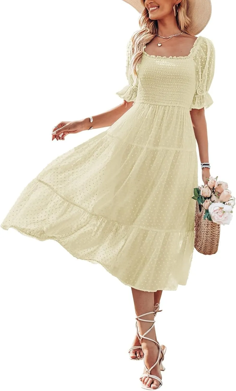 MEROKEETY Women's 2025 Summer Square Neck Puff Sleeve Boho Midi Dress Swiss Dot Ruffle Flowy Tie Back Dress
