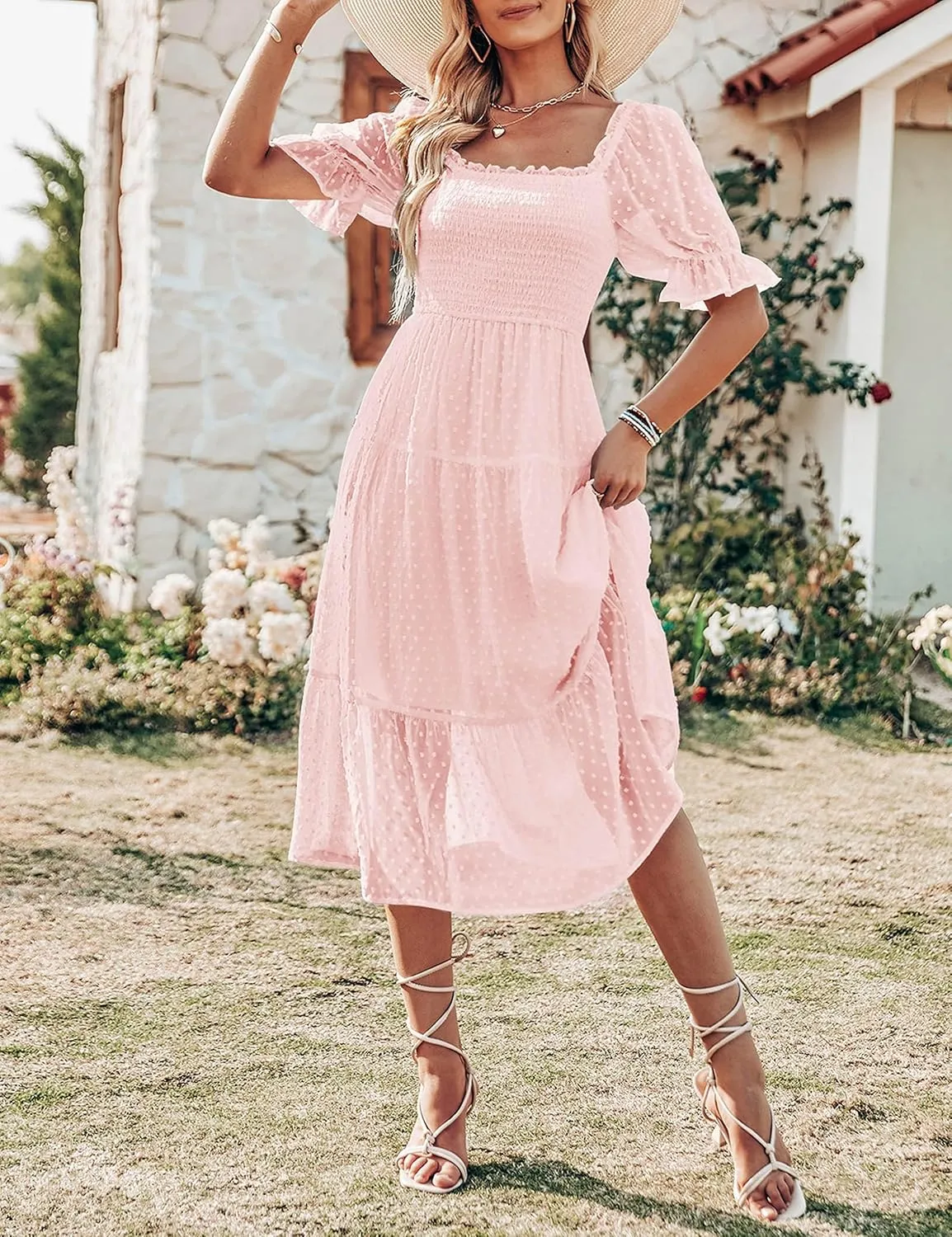 MEROKEETY Women's 2025 Summer Square Neck Puff Sleeve Boho Midi Dress Swiss Dot Ruffle Flowy Tie Back Dress