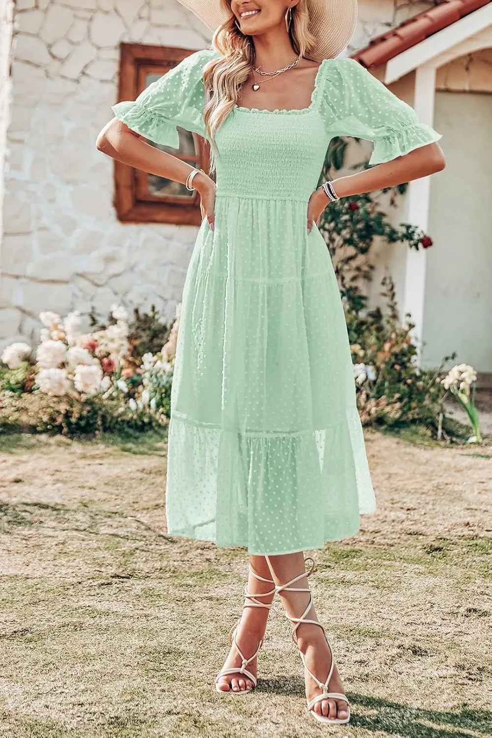MEROKEETY Women's 2025 Summer Square Neck Puff Sleeve Boho Midi Dress Swiss Dot Ruffle Flowy Tie Back Dress