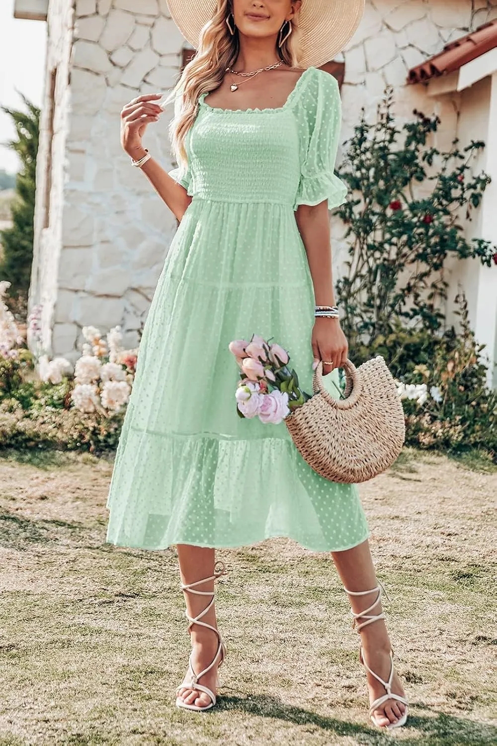 MEROKEETY Women's 2025 Summer Square Neck Puff Sleeve Boho Midi Dress Swiss Dot Ruffle Flowy Tie Back Dress