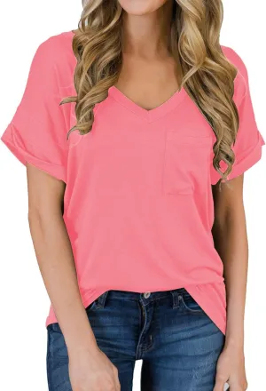 MIHOLL Women's Short Sleeve V-Neck Shirts Loose Casual Tee T-Shirt