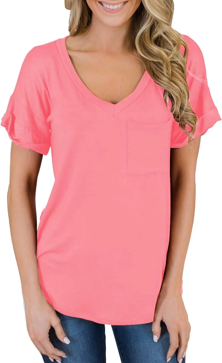 MIHOLL Women's Short Sleeve V-Neck Shirts Loose Casual Tee T-Shirt