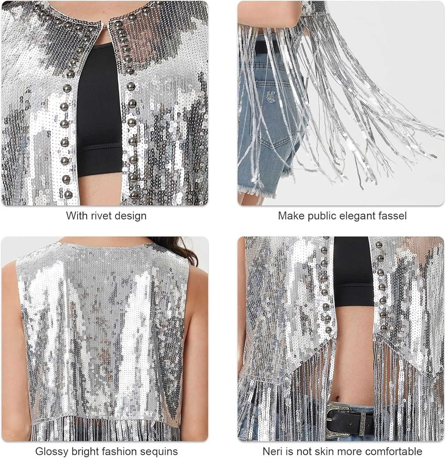 MISI CHAO Sequin Fringe Vest - Sparkly Tassels Jacket Rivet Sleeveless Open Front Tops Glitter Party Cowgirl Concert Outfits