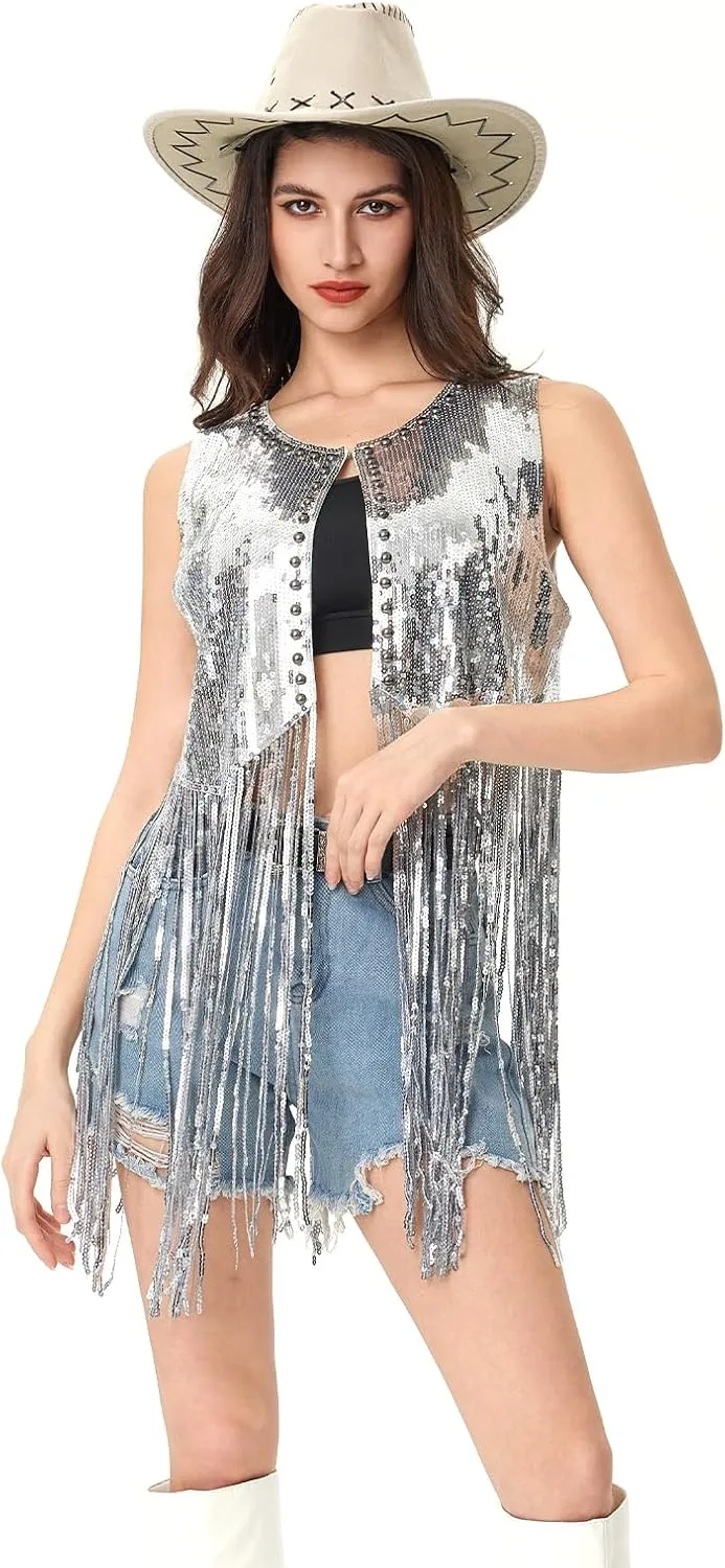 MISI CHAO Sequin Fringe Vest - Sparkly Tassels Jacket Rivet Sleeveless Open Front Tops Glitter Party Cowgirl Concert Outfits