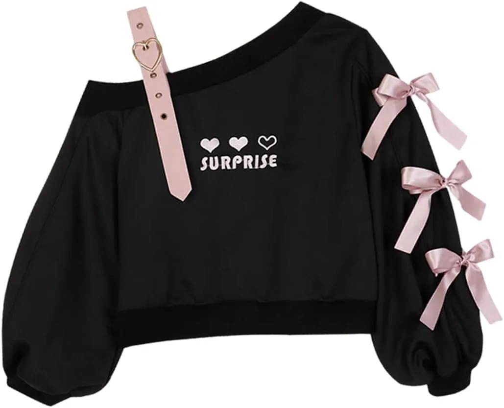 Off Shoulder Sweatshirts Teen Girls Lolita Kawaii Embroidered Heart Graphic Lace Up Crop Top Casual Pullover