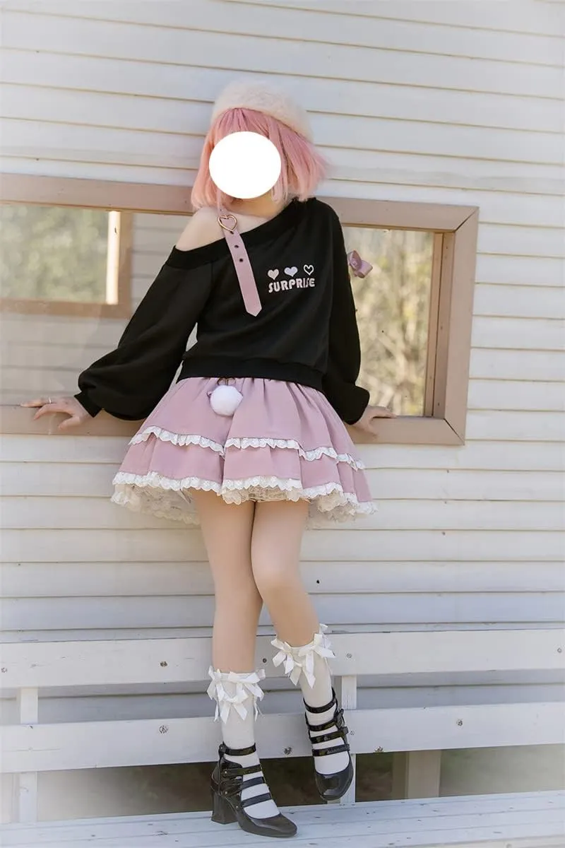 Off Shoulder Sweatshirts Teen Girls Lolita Kawaii Embroidered Heart Graphic Lace Up Crop Top Casual Pullover