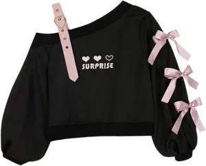 Off Shoulder Sweatshirts Teen Girls Lolita Kawaii Embroidered Heart Graphic Lace Up Crop Top Casual Pullover