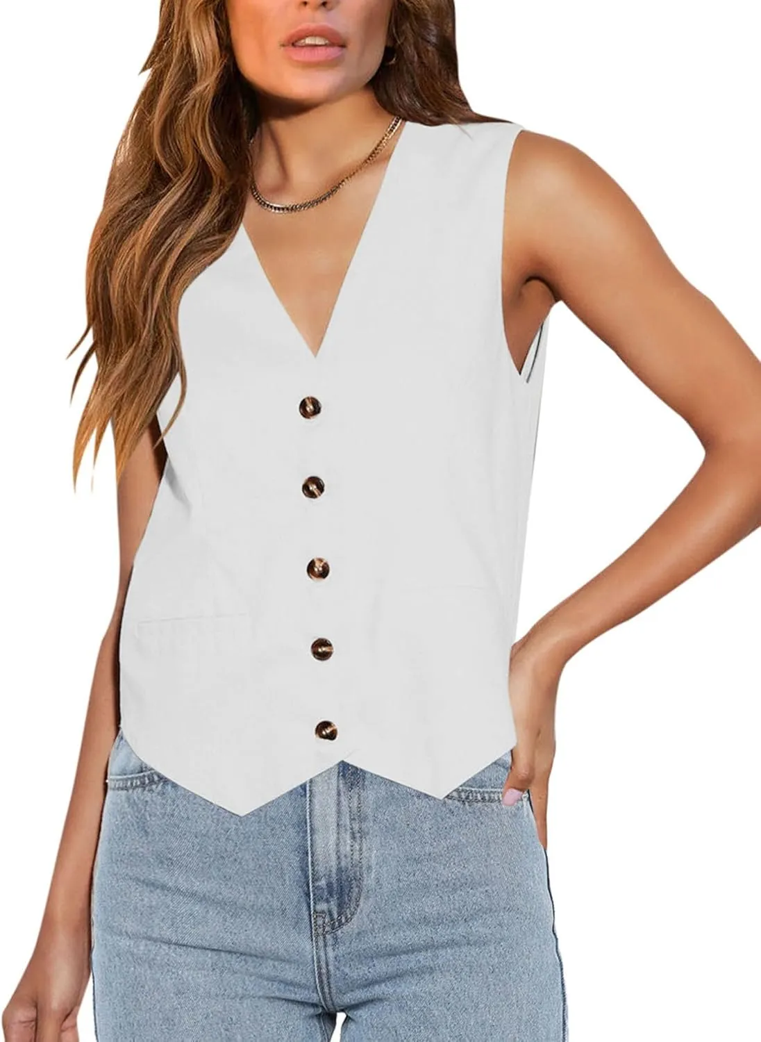 Orchidays Women's Business Button Up V Neck Vest Casual Fully Lined Sleeveless Jacket Waistcoat with Pocket