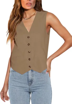 Orchidays Women's Business Button Up V Neck Vest Casual Fully Lined Sleeveless Jacket Waistcoat with Pocket