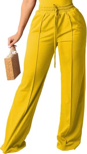 PINSV Women's Casual Wide Leg Pants High Waisted Drawstring Baggy Sweatpants Elastic Straight Leg Lounge Pants