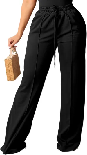 PINSV Women's Casual Wide Leg Pants High Waisted Drawstring Baggy Sweatpants Elastic Straight Leg Lounge Pants