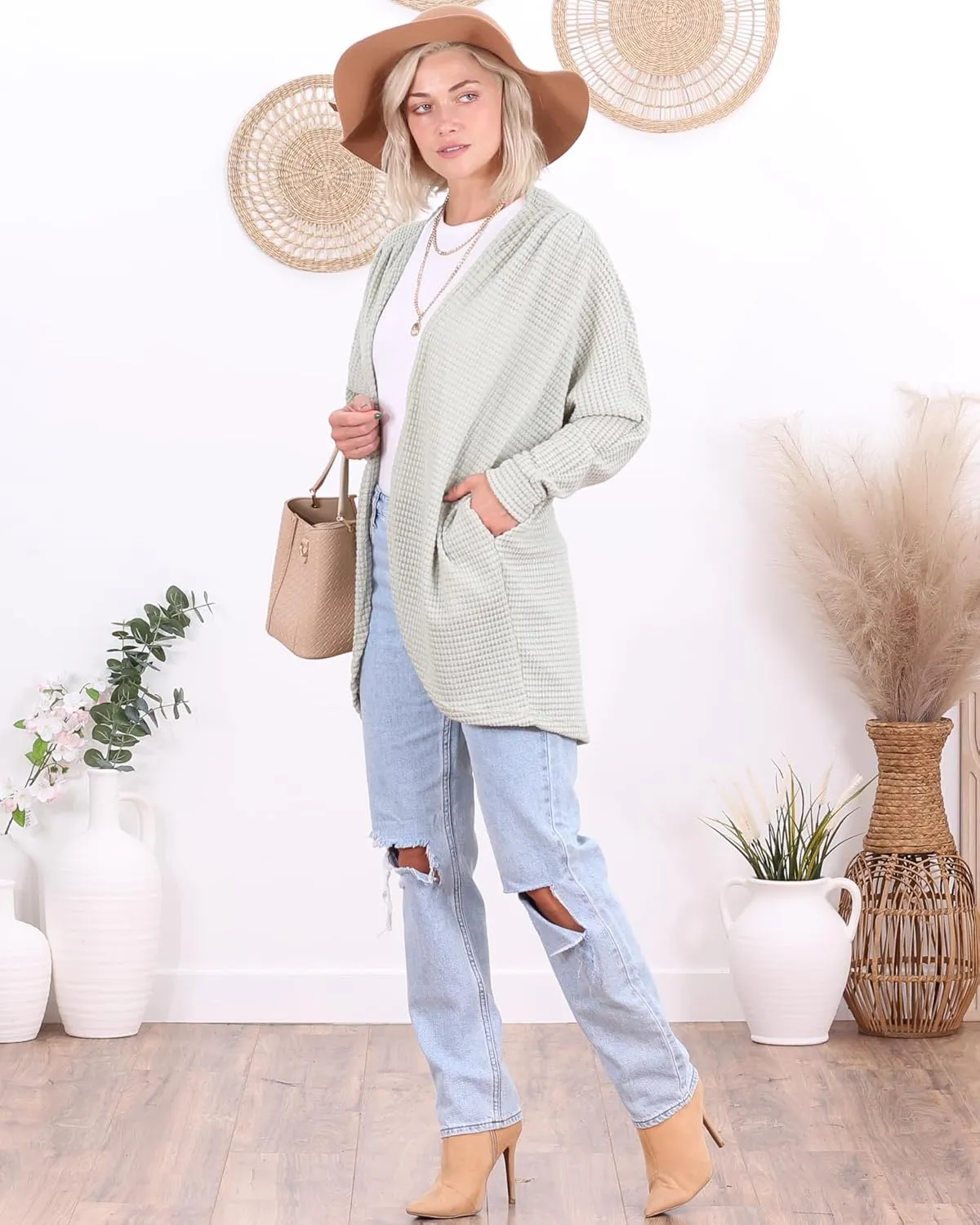 Popana Long Oversized Fall Batwing Waffle Knit Cardigan Sweaters for Women with Pockets Plus Size