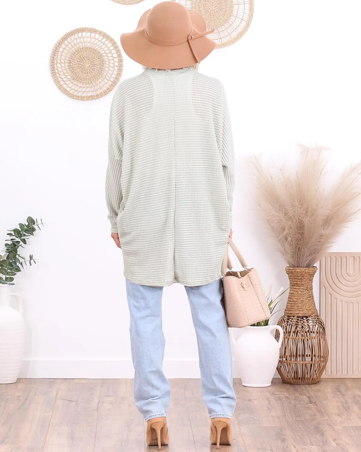 Popana Long Oversized Fall Batwing Waffle Knit Cardigan Sweaters for Women with Pockets Plus Size