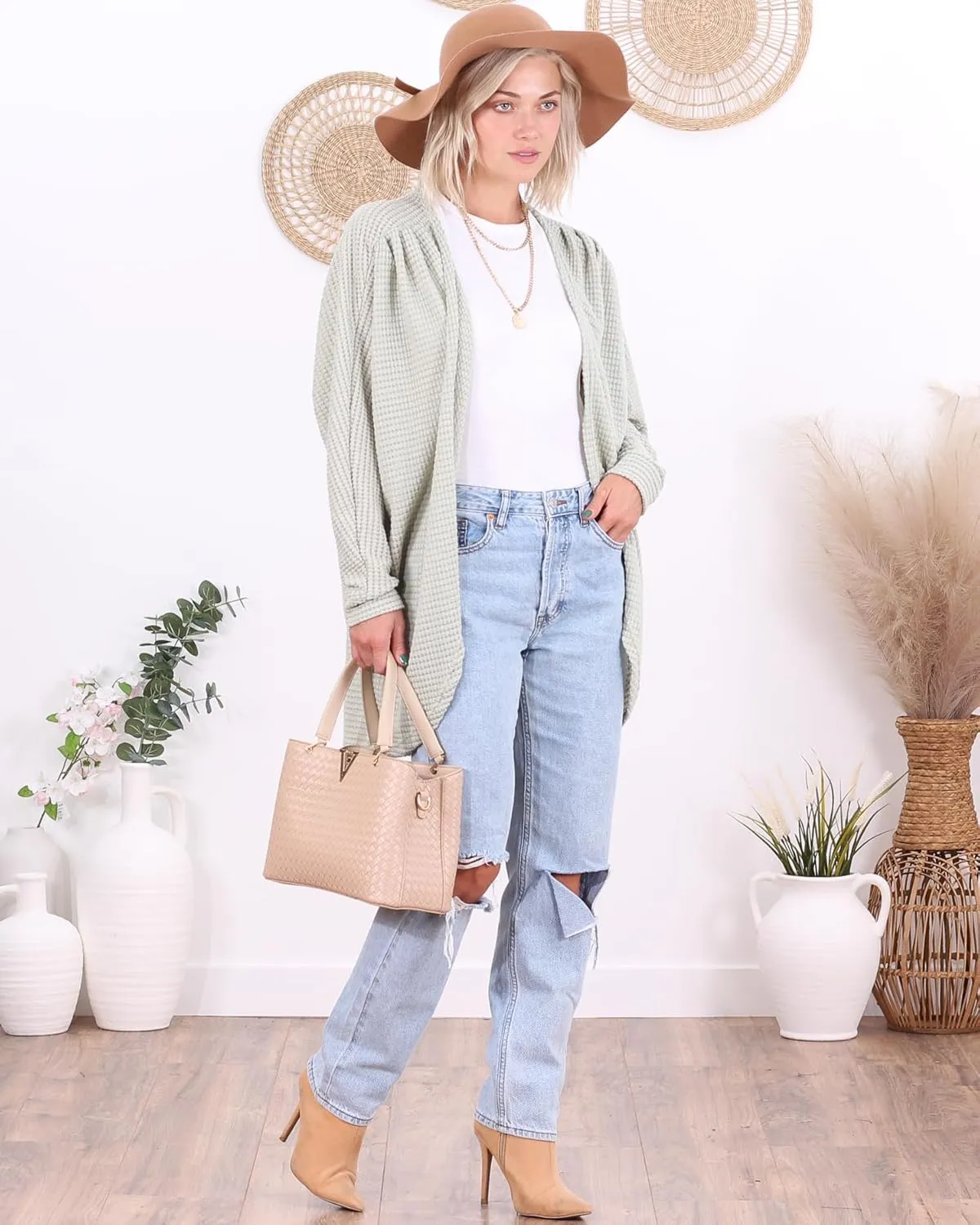 Popana Long Oversized Fall Batwing Waffle Knit Cardigan Sweaters for Women with Pockets Plus Size