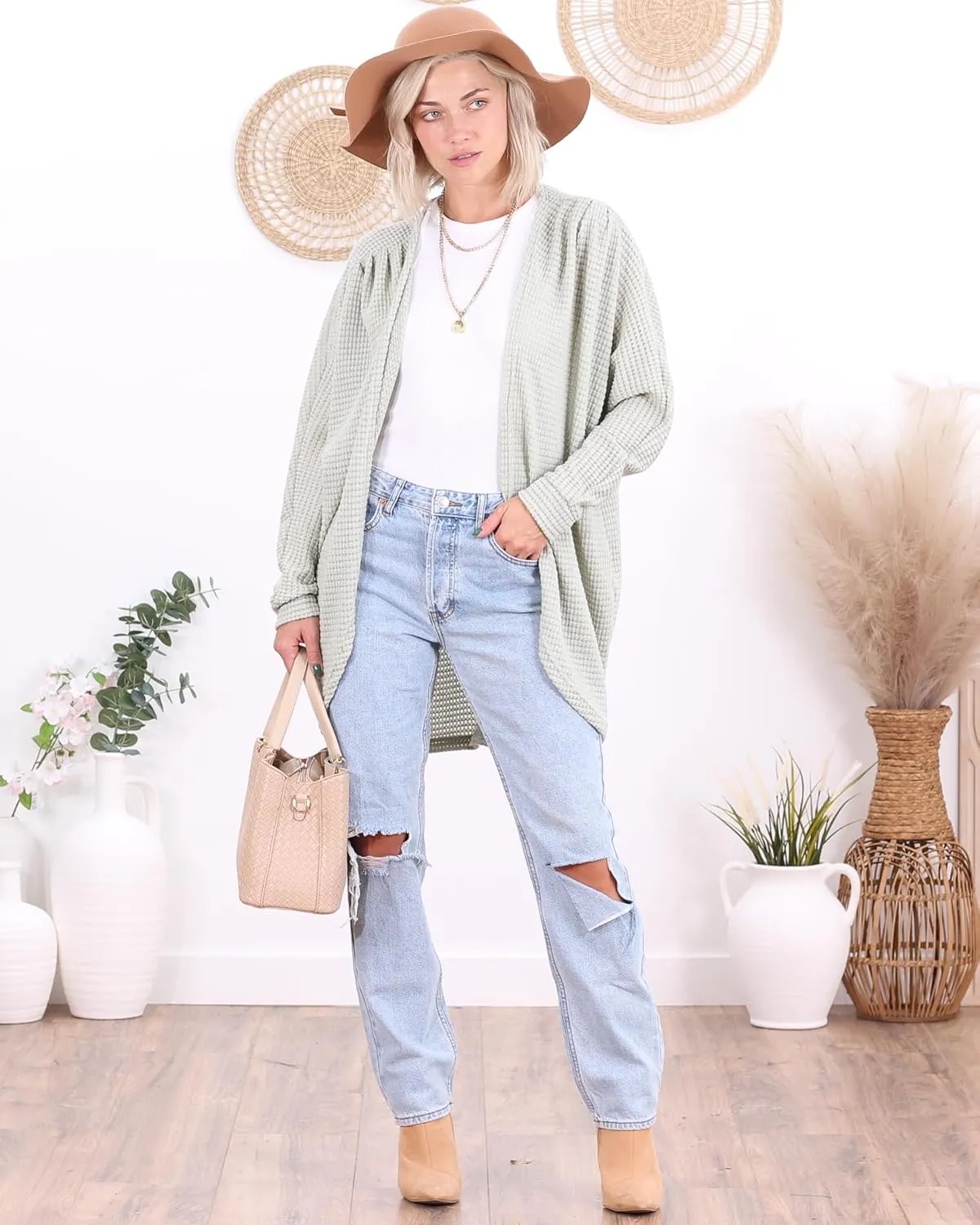 Popana Long Oversized Fall Batwing Waffle Knit Cardigan Sweaters for Women with Pockets Plus Size