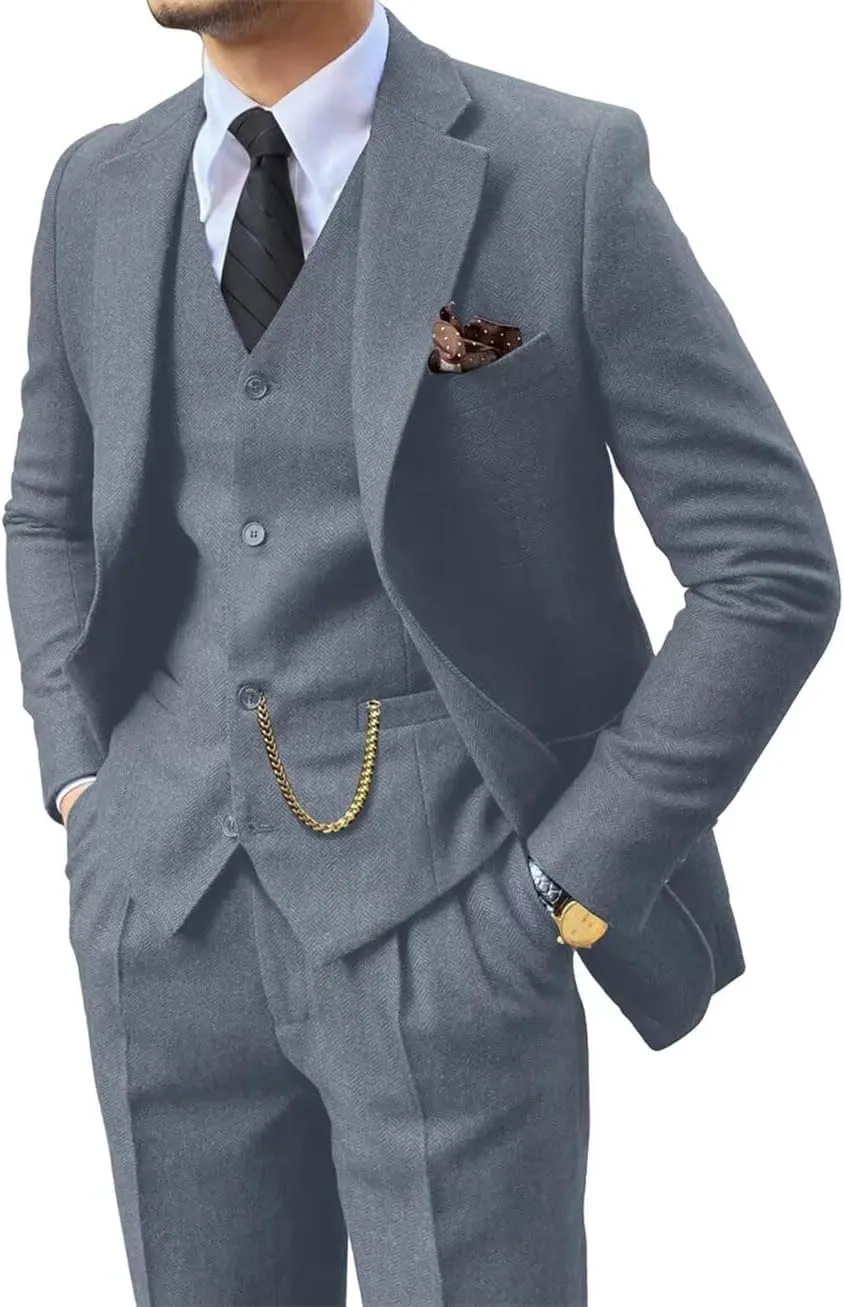 Retro 3 Piece Suit Tweed Herringbone Men's Suits Slim Fit Groom Tuxedos Set Prom Brown Grey Jacket Blazer Vest Pants