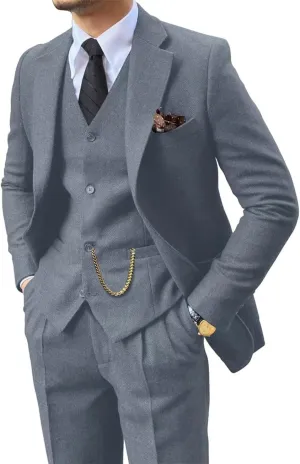 Retro 3 Piece Suit Tweed Herringbone Men's Suits Slim Fit Groom Tuxedos Set Prom Brown Grey Jacket Blazer Vest Pants