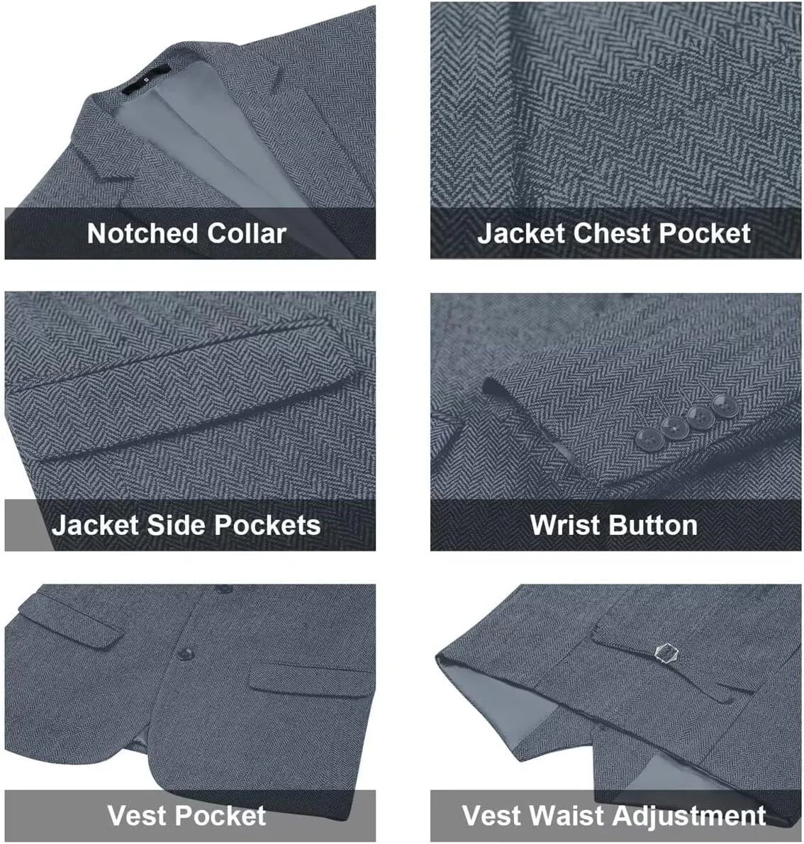 Retro 3 Piece Suit Tweed Herringbone Men's Suits Slim Fit Groom Tuxedos Set Prom Brown Grey Jacket Blazer Vest Pants