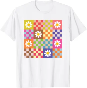 Retro Colorful Checkered Pattern Checkerboard Daisy Flowers T-Shirt