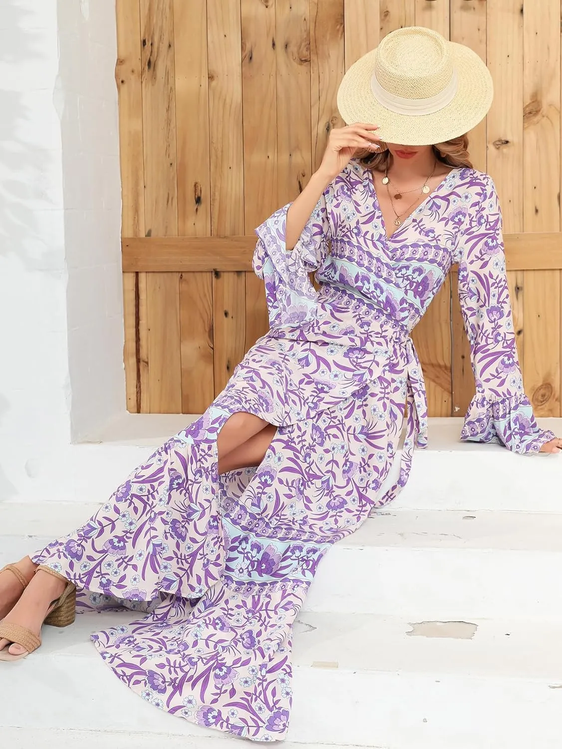 R.Vivimos Womens Summer Long Sleeve Cardigan Sexy Maxi Dresses