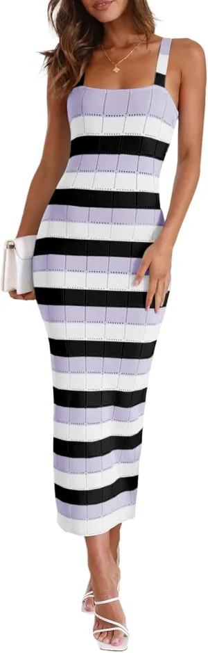 Saodimallsu Womens Striped Bodycon Midi Dress Sleeveless Square Neck Color Block Knit Summer Tank Dresses