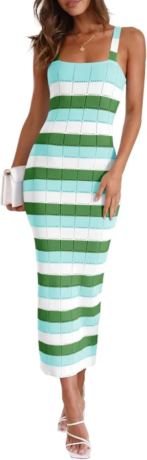 Saodimallsu Womens Striped Bodycon Midi Dress Sleeveless Square Neck Color Block Knit Summer Tank Dresses