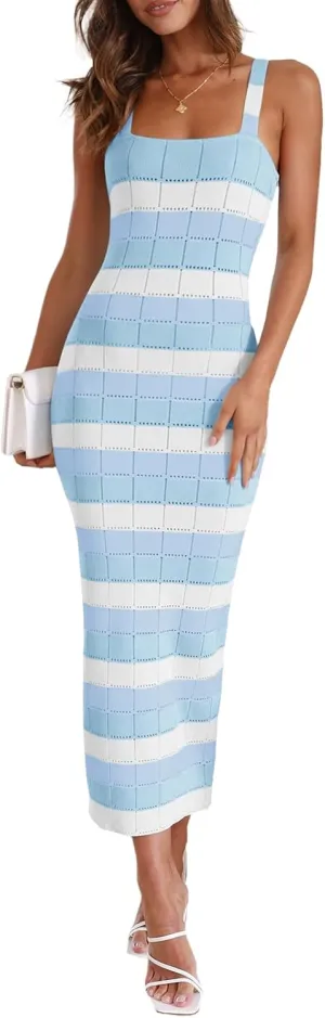 Saodimallsu Womens Striped Bodycon Midi Dress Sleeveless Square Neck Color Block Knit Summer Tank Dresses