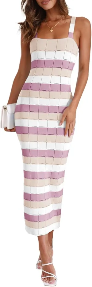 Saodimallsu Womens Striped Bodycon Midi Dress Sleeveless Square Neck Color Block Knit Summer Tank Dresses