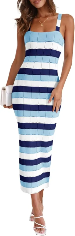 Saodimallsu Womens Striped Bodycon Midi Dress Sleeveless Square Neck Color Block Knit Summer Tank Dresses