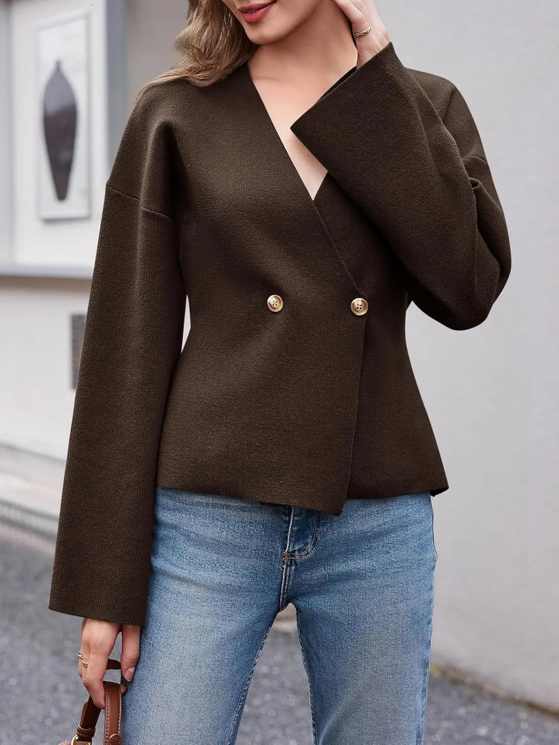 Saodimallsu Womens V Neck Cardigans Long Bell Sleeve Button Down Open Front Loose Knit Fall Sweater Blazer