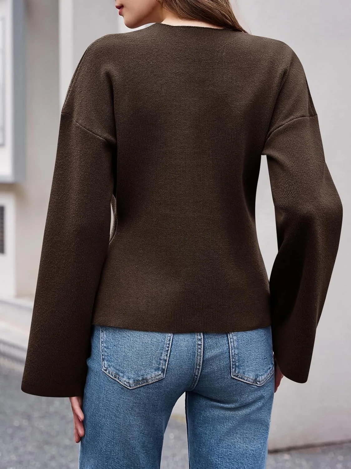 Saodimallsu Womens V Neck Cardigans Long Bell Sleeve Button Down Open Front Loose Knit Fall Sweater Blazer