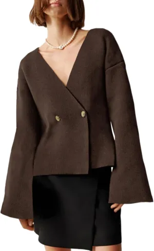 Saodimallsu Womens V Neck Cardigans Long Bell Sleeve Button Down Open Front Loose Knit Fall Sweater Blazer