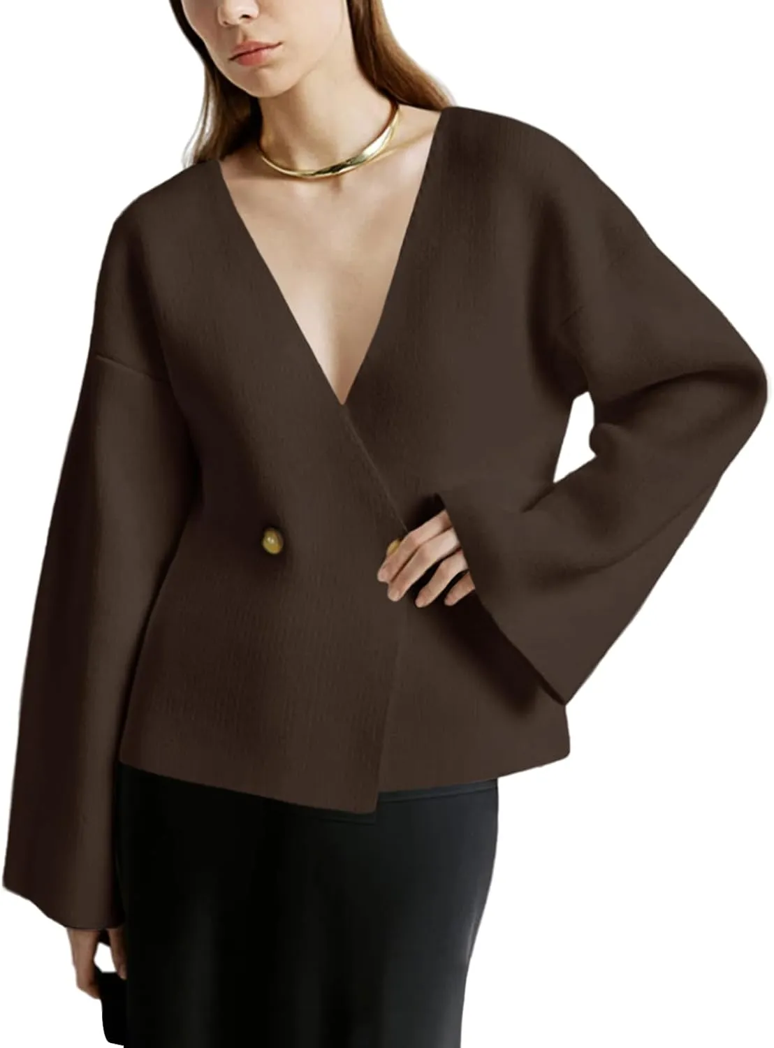 Saodimallsu Womens V Neck Cardigans Long Bell Sleeve Button Down Open Front Loose Knit Fall Sweater Blazer