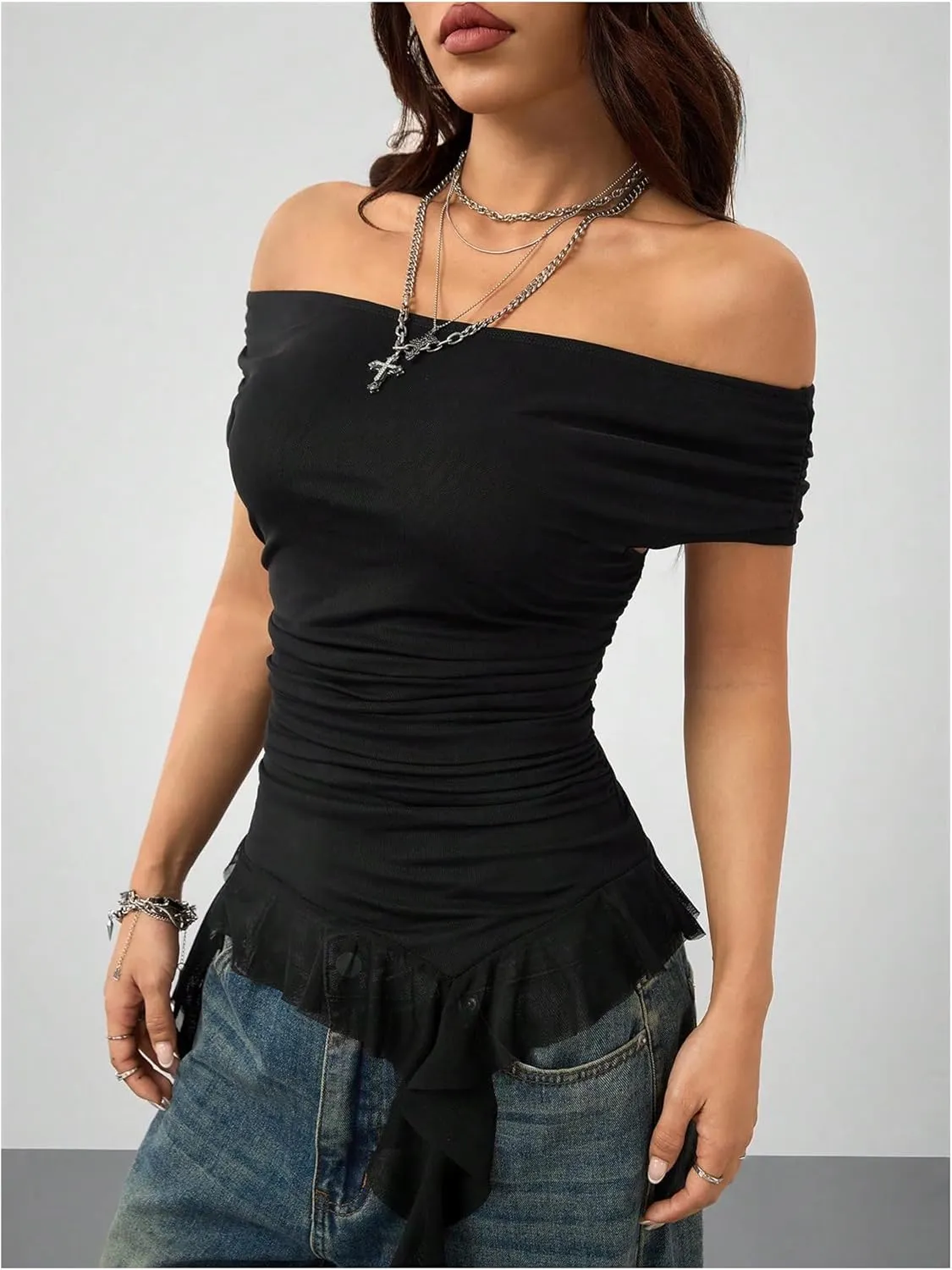 SOLY HUX Women's Off The Shoulder T Shirt Cap Sleeve Ruffle Asymmetrical Hem Ruched Tee Y2k Summer Tops