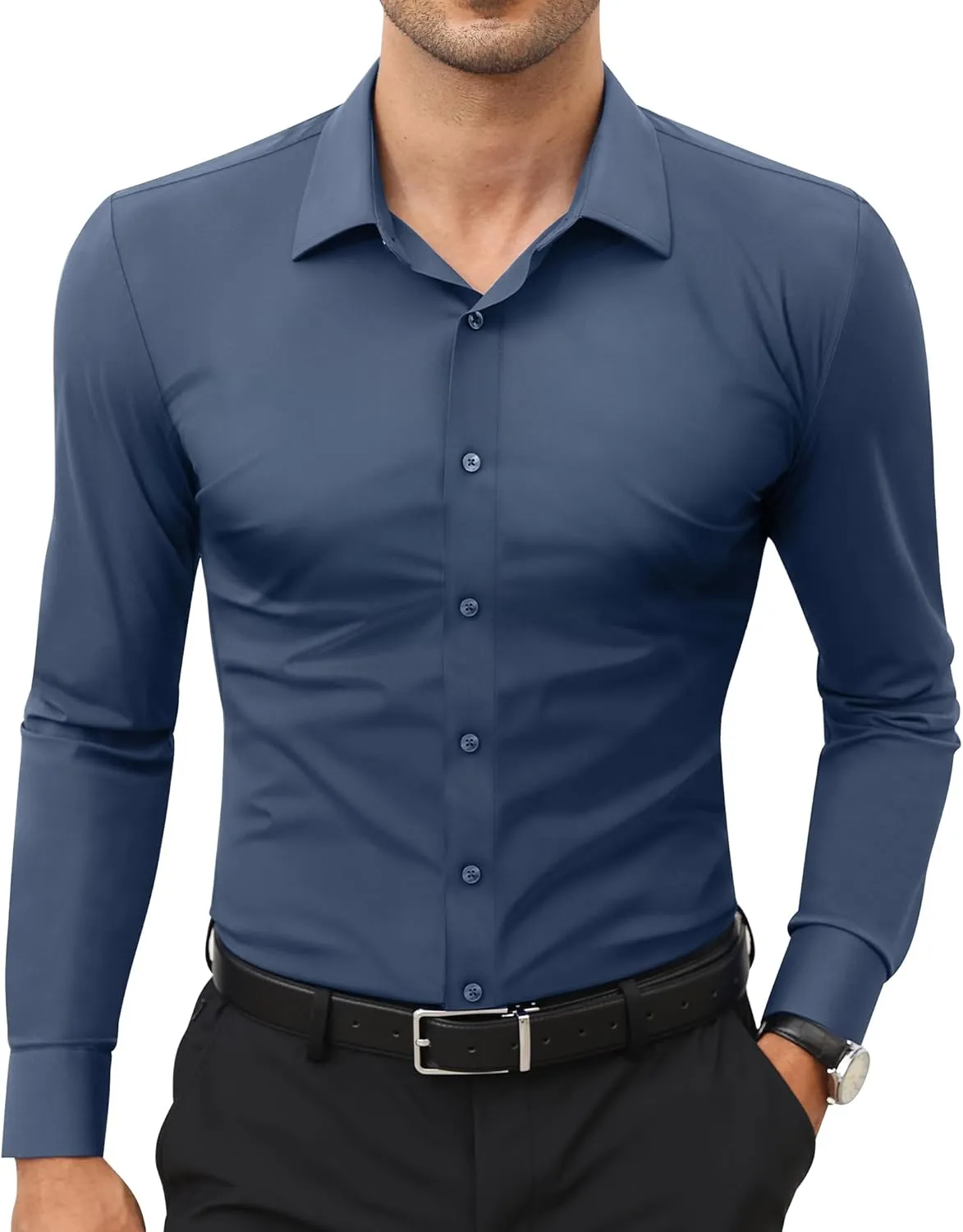 Stretch Mens Dress Shirts Long Sleeve Slim Fit Dress Shirts for Men Muscle Fit Wrinkle Free Button Down Shirt