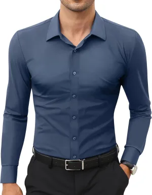 Stretch Mens Dress Shirts Long Sleeve Slim Fit Dress Shirts for Men Muscle Fit Wrinkle Free Button Down Shirt