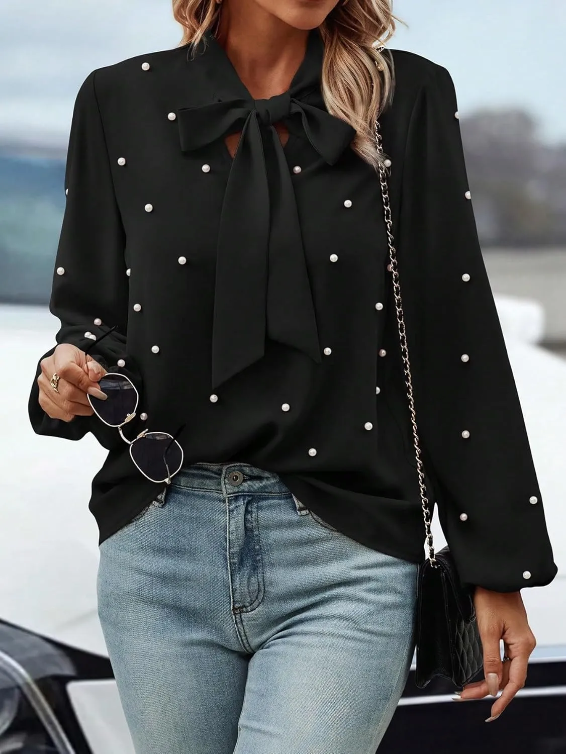 SweatyRocks Women's Pearls Bow Tie Mock Neck Long Sleeve Shirts Casual Loose Fit Blouse Top