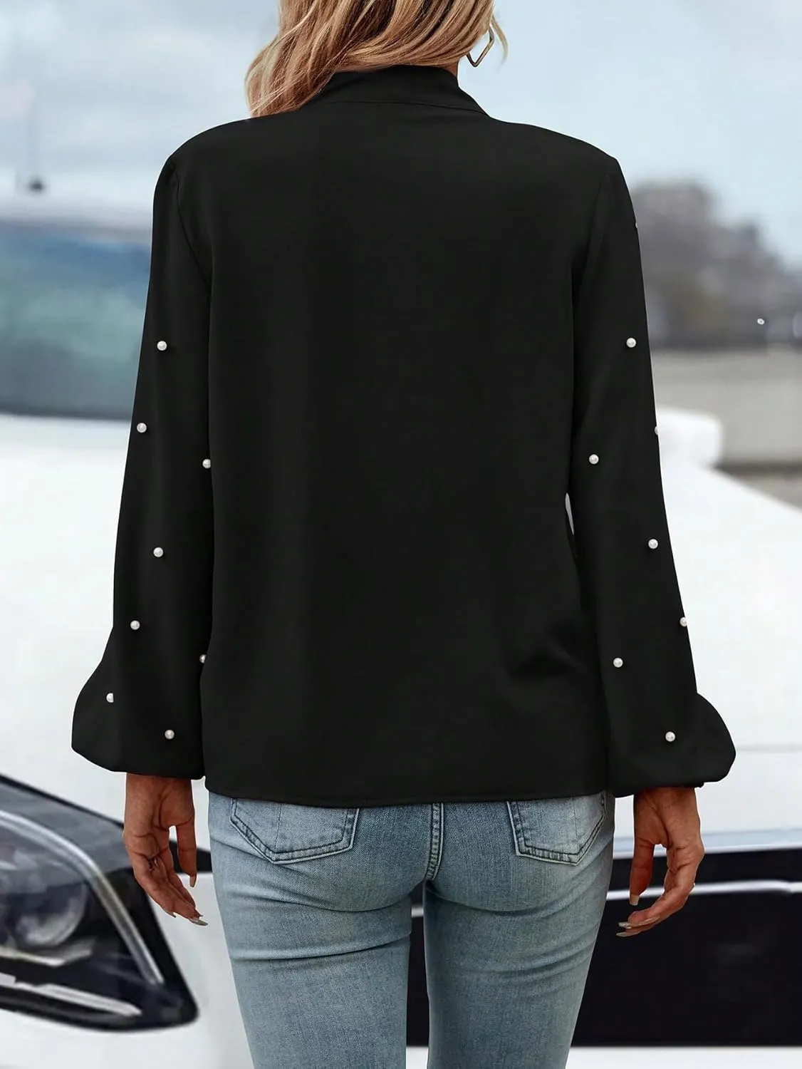 SweatyRocks Women's Pearls Bow Tie Mock Neck Long Sleeve Shirts Casual Loose Fit Blouse Top