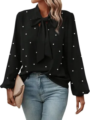 SweatyRocks Women's Pearls Bow Tie Mock Neck Long Sleeve Shirts Casual Loose Fit Blouse Top