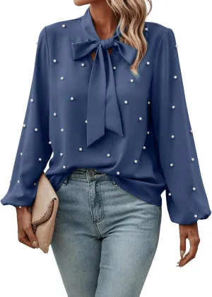 SweatyRocks Women's Pearls Bow Tie Mock Neck Long Sleeve Shirts Casual Loose Fit Blouse Top