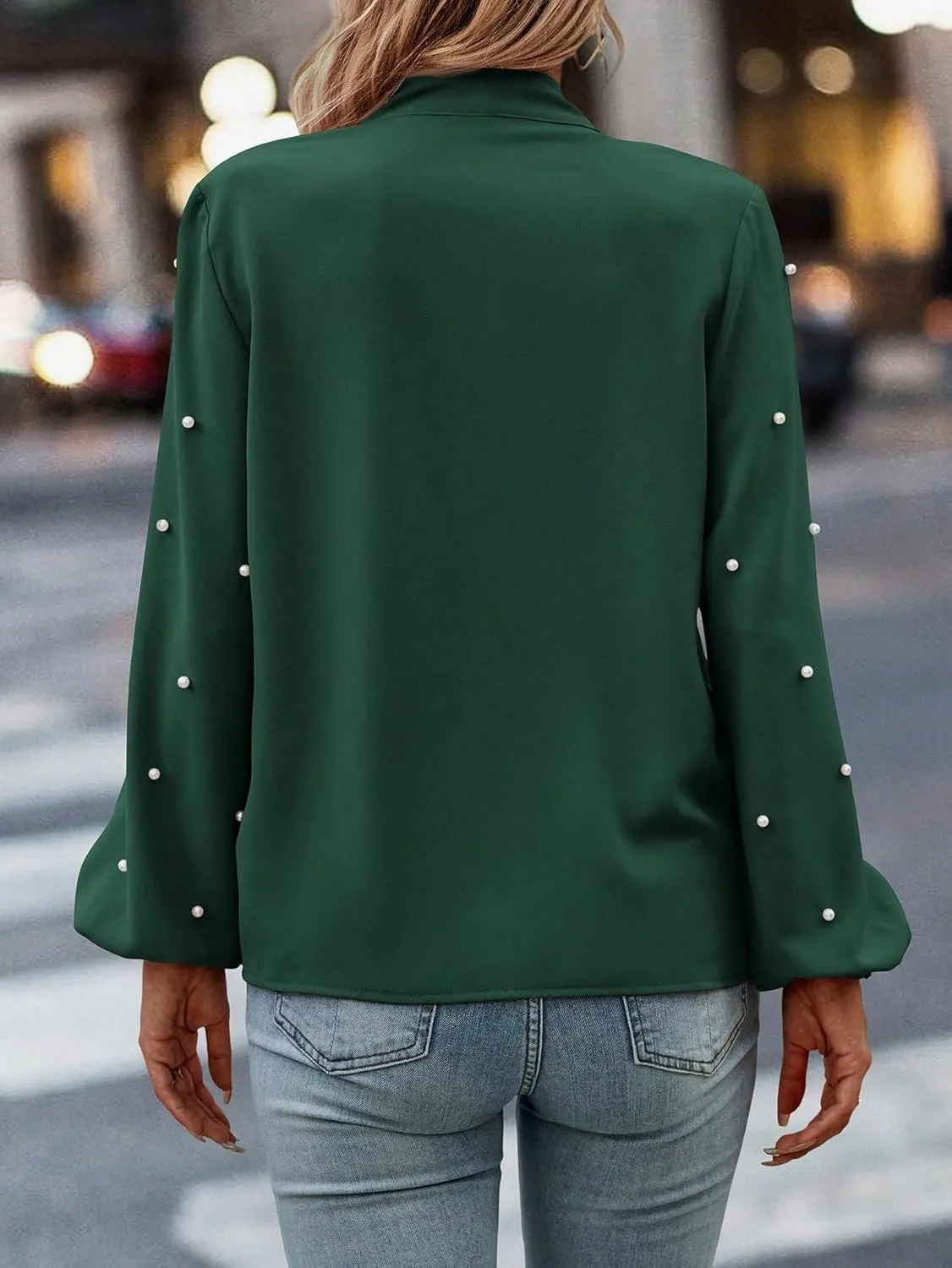 SweatyRocks Women's Pearls Bow Tie Mock Neck Long Sleeve Shirts Casual Loose Fit Blouse Top